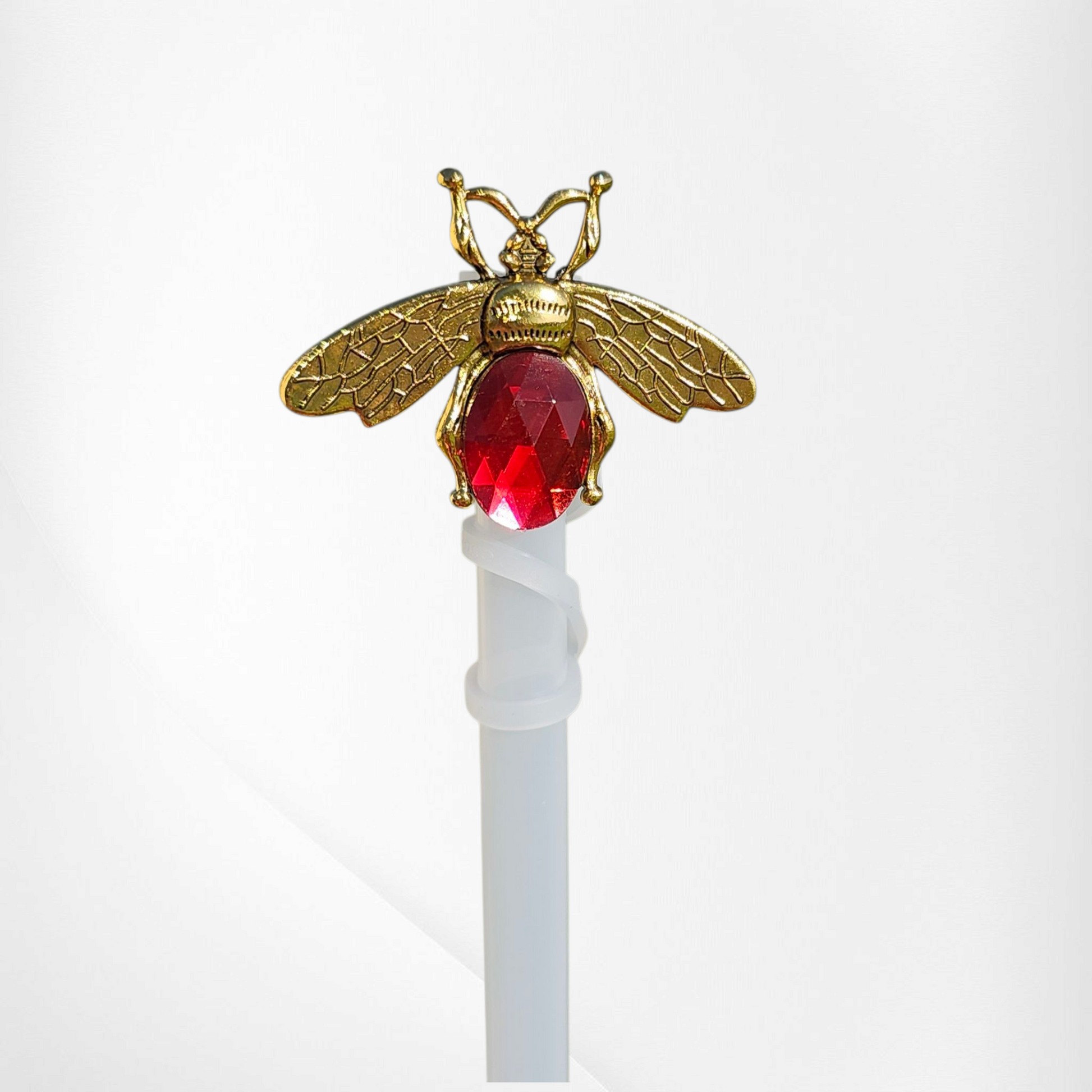 Deluxe gold metal Bumblebee with jumbo red jewel silicone straw topper  - straw cover. 
