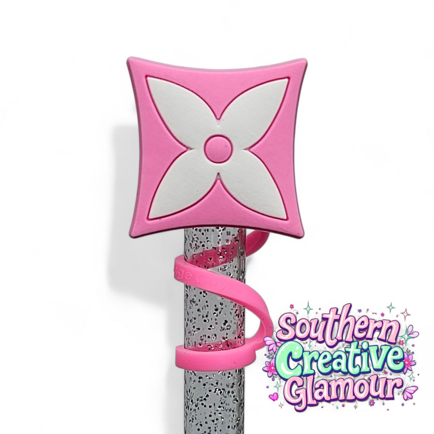 Louis Vuitton " LV " inspired Hot Pink & White 4 Point Star 2D Silicone 10mm Straw Topper by Southern Creative Glamour 