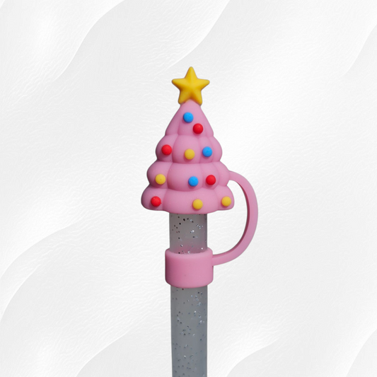 Bubblegum Pink Christmas Tree 3D Silicone Straw Topper 