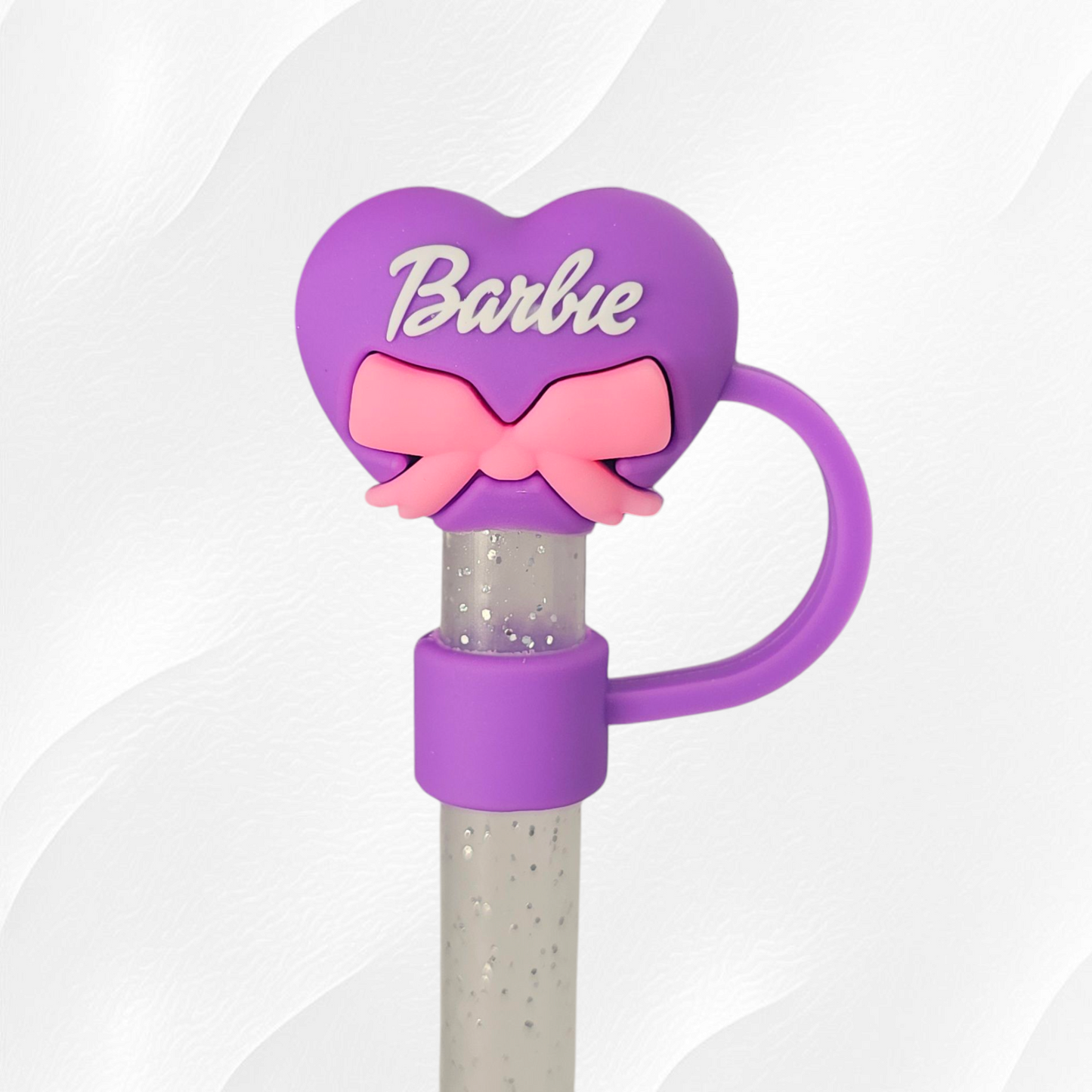 Purple heart with bow 10mm 3D Silicone Straw Topper. 