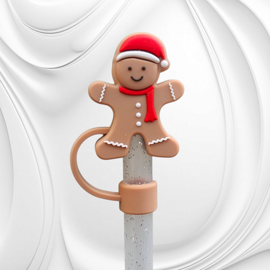 Brown Gingerbread Man wearing red Santa Hat 3D Silicone Straw Topper. 