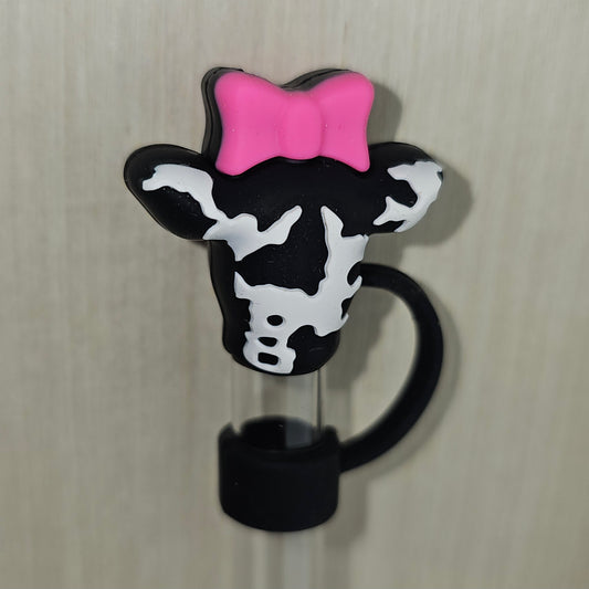 Side One: Black and White cow wearing a Barbie Pink Bow Tie 3D Silicone Straw Topper  - Straw Cover  - Straw Cap. Fits 10mm and Stanley Straws. 