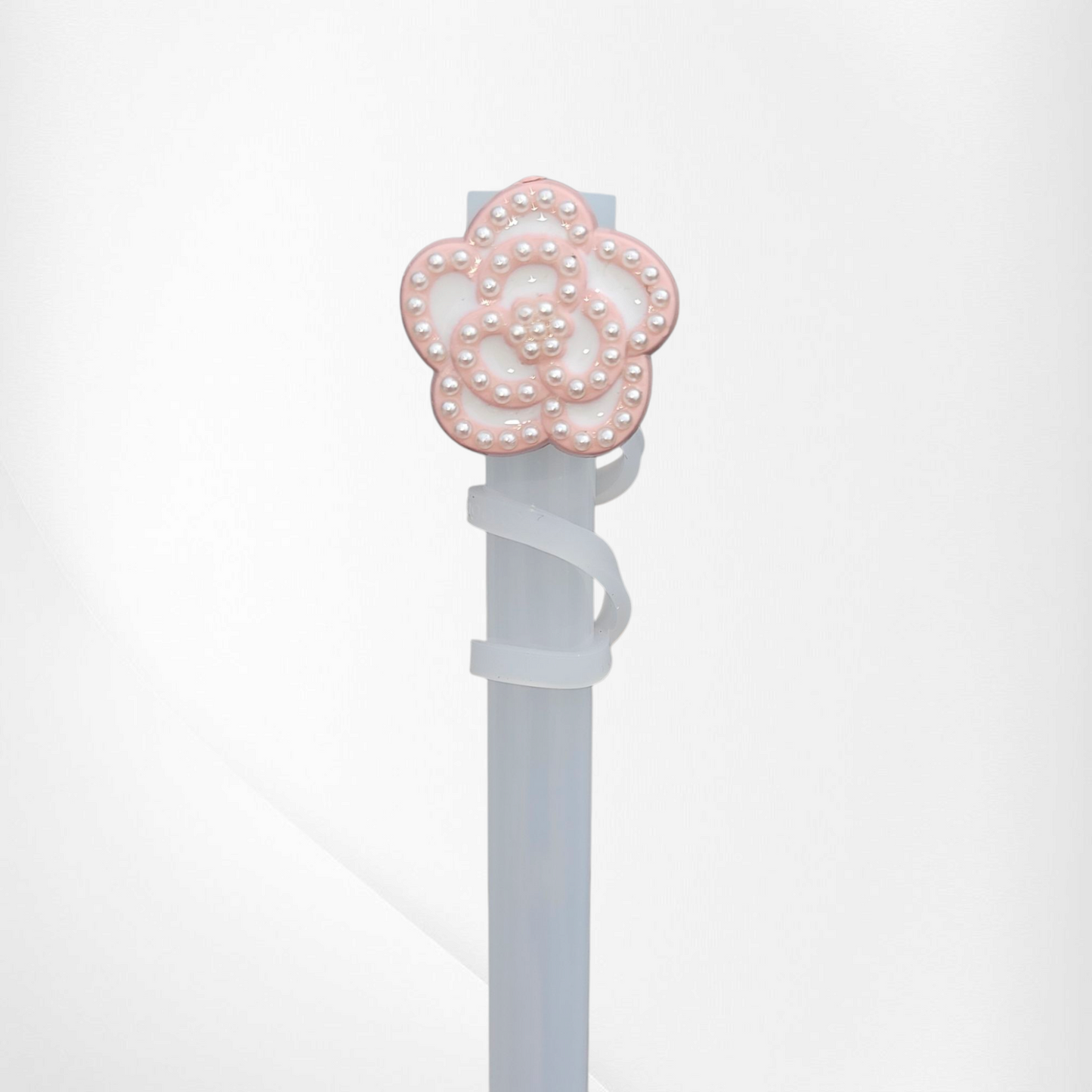 Pink and White pearl beaded flower Silicone Straw Topper  - Straw Cover. 