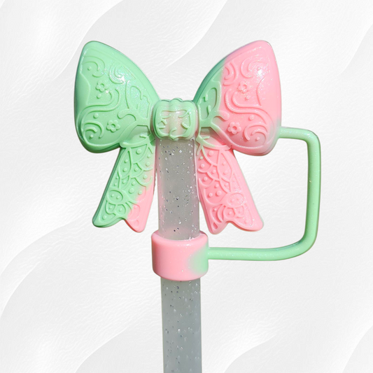 Pink and green Watermelon Shimmer Swirl Shimmer 3D Lace Ribbon Bow Silicone Straw Topper. 