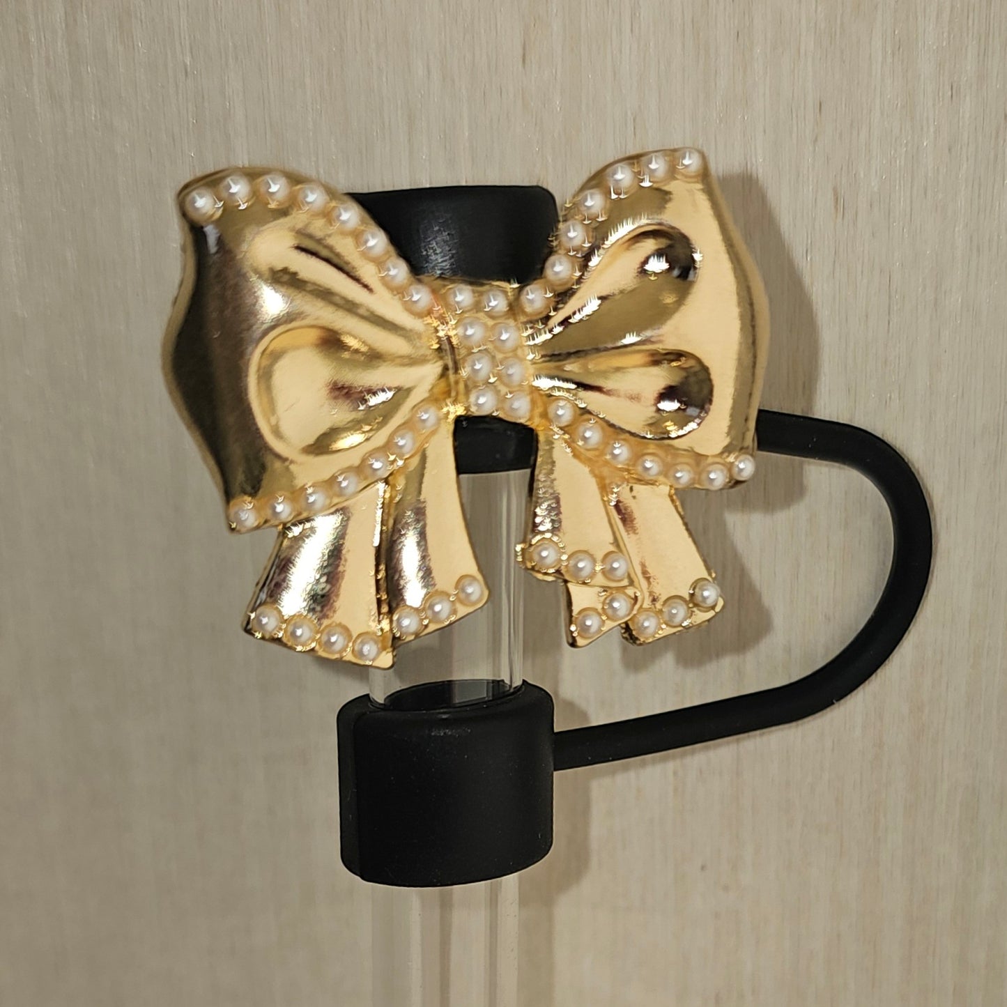 Luxury Gold Ribbon Bow with Faux Pearls Silicone Straw Topper