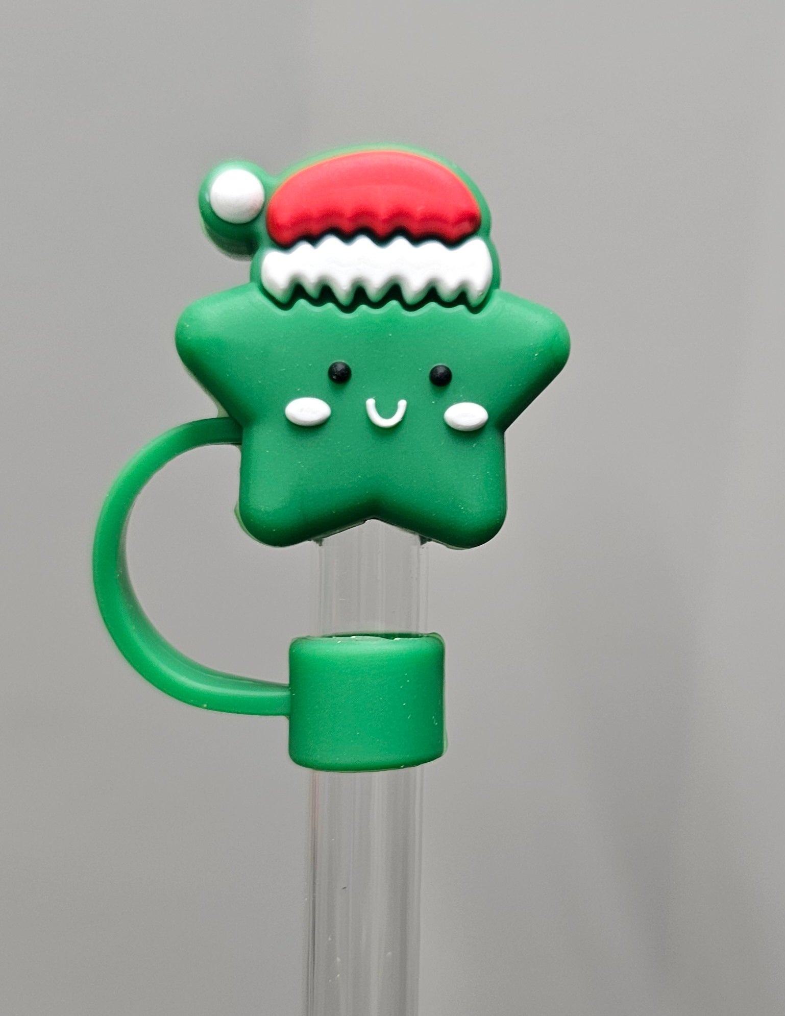 Green Christmas Star wearing red Santa Hat 3D Silicone Straw Topper  - Straw Cover 