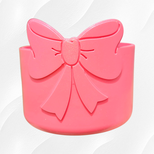 Hot Coral Shimmer Bow Silicone Tumbler Boot. 