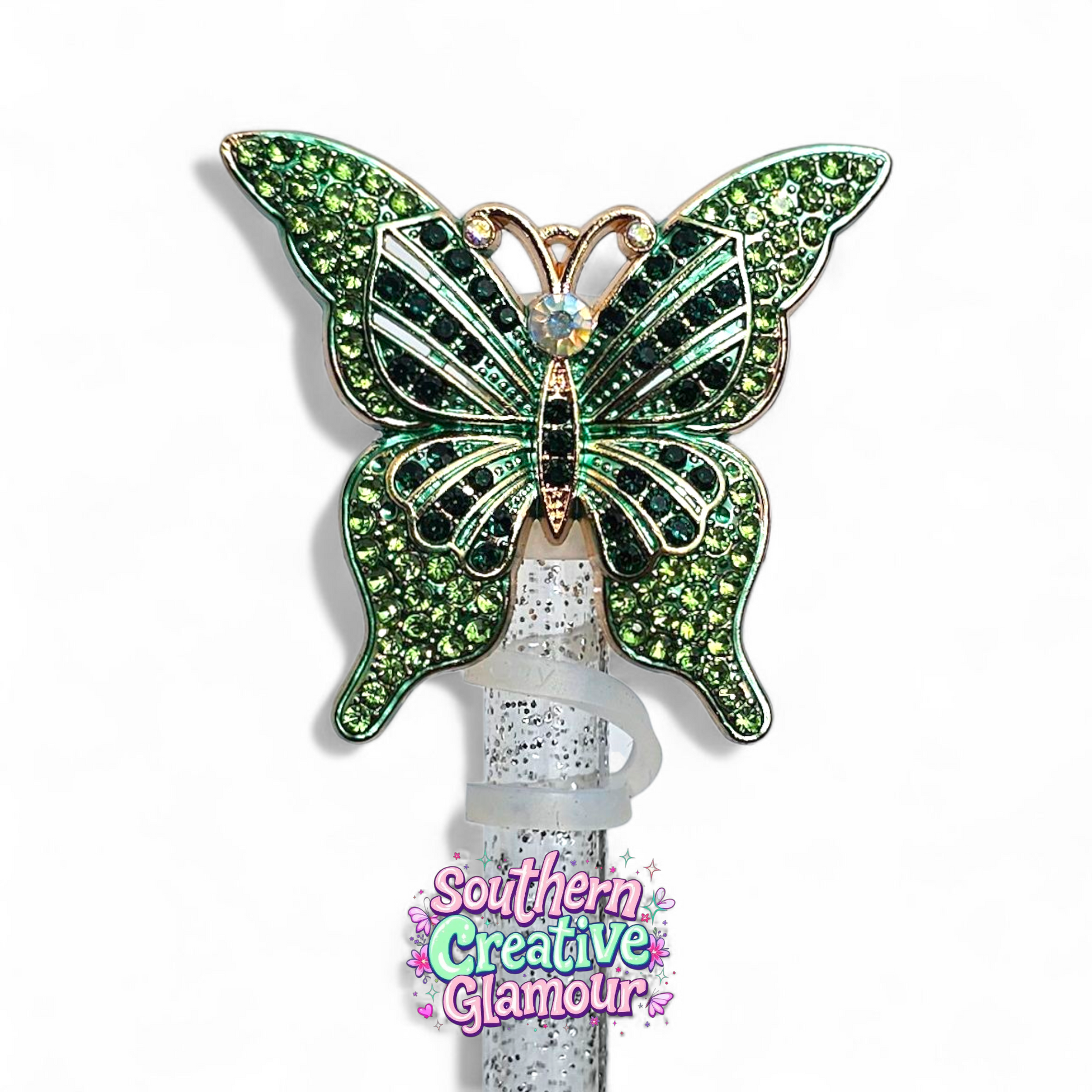 Elphaba Green and Gold Diamond Butterfly Silicone 10mm Straw Topper by Southern Creative Glamour 