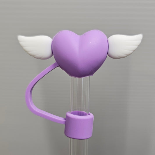 Purple Heart with white wings Valentine's Day 3D Silicone Straw Topper  - Straw Cover  - Straw Cap. Fits 10mm and Stanley Straws. 