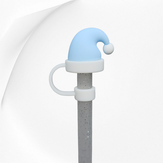 Powder Blue Christmas Santa Hat 3D Silicone Straw Topper. 