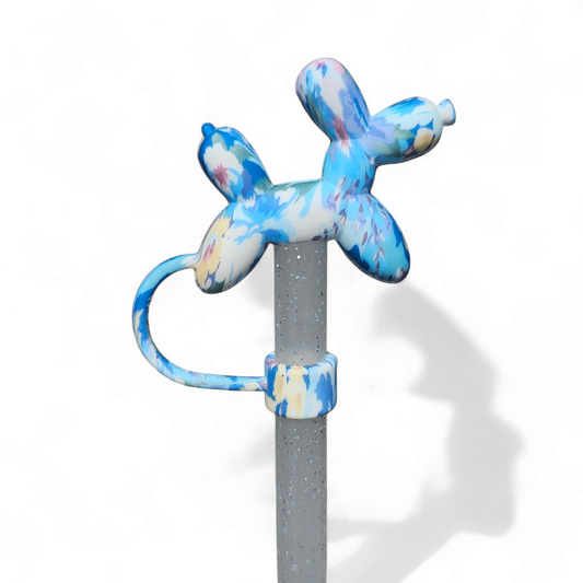 Blue Flowers Balloon Dog 3D Silicone Straw Topper