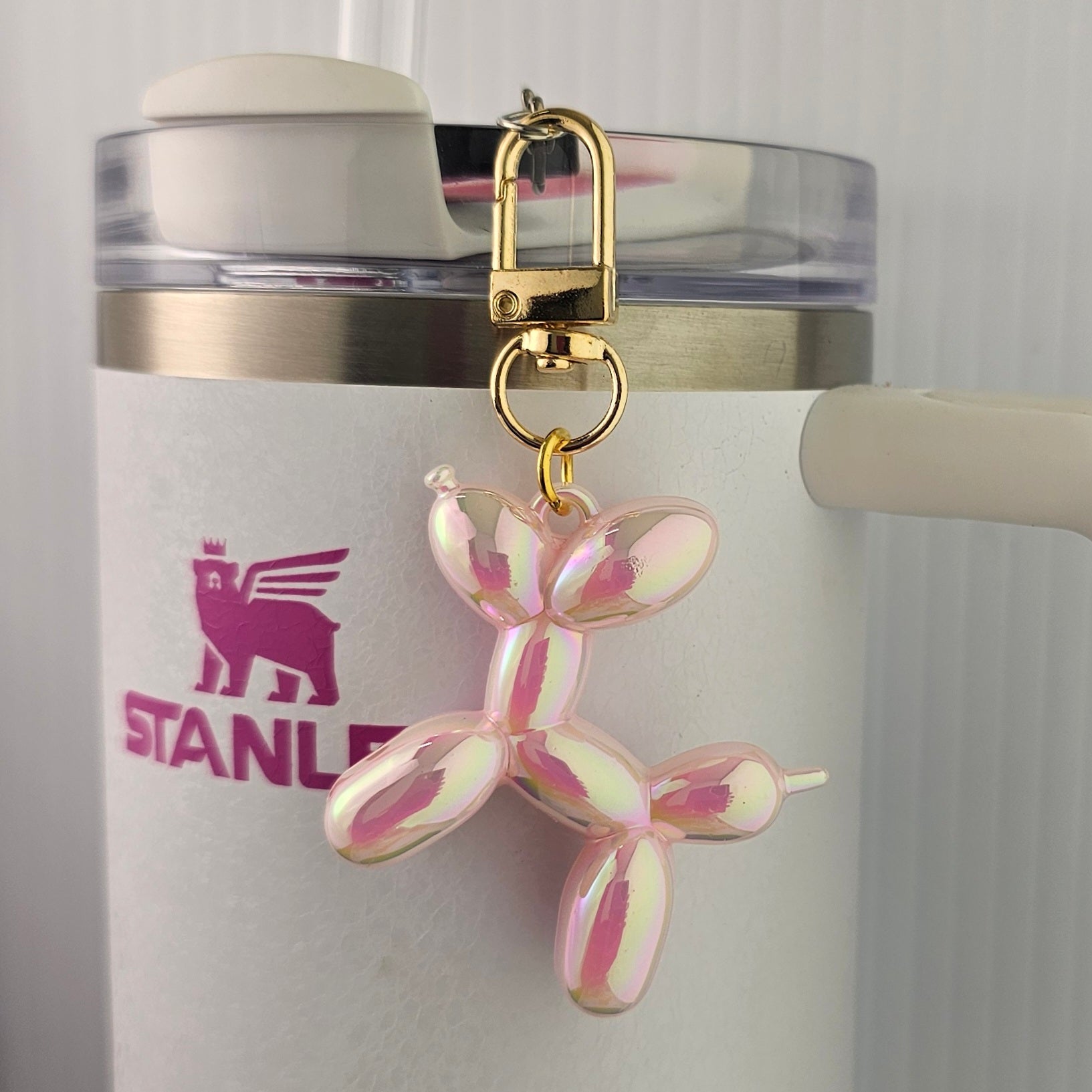 Blush Pink Balloon Dog tumbler charm wire gold swivel lobster clasp. 
