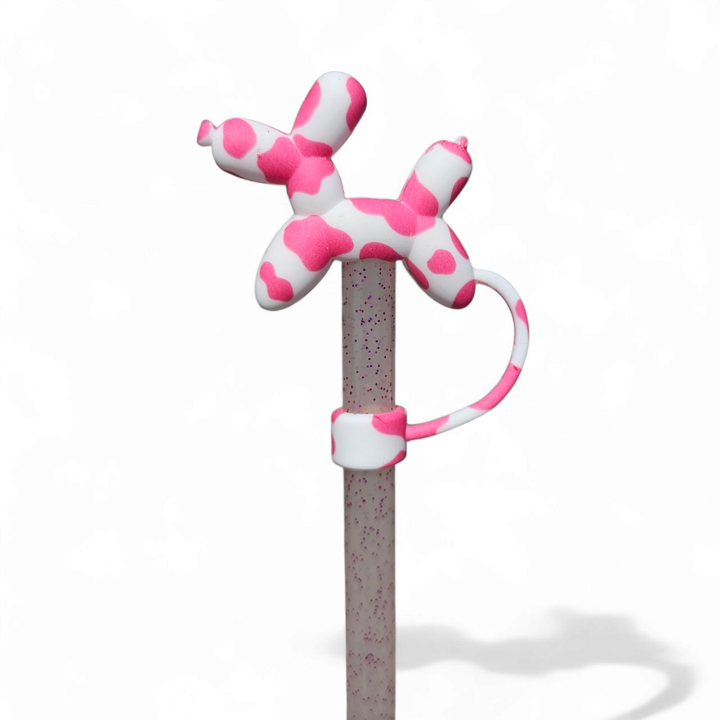 Balloon Dog 3D 10mm Silicone Straw Topper  - Pink Cow Print