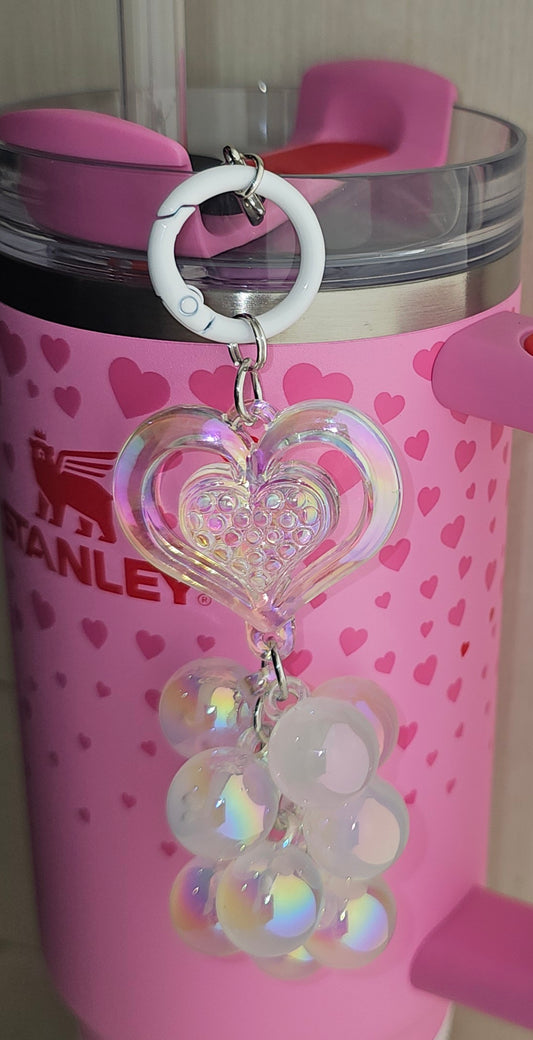 Iridescent Pearlescent Pearl white Heart and Jelly Beaded Charm Pendant. Use as tumbler straw charm, purse charm, bag charm, backpack charm, cellphone charm, or keychain charm. 