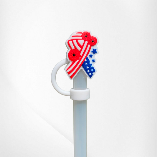 Red, White, Blue 4th of July Ribbon 3D Silicone Straw Topper 