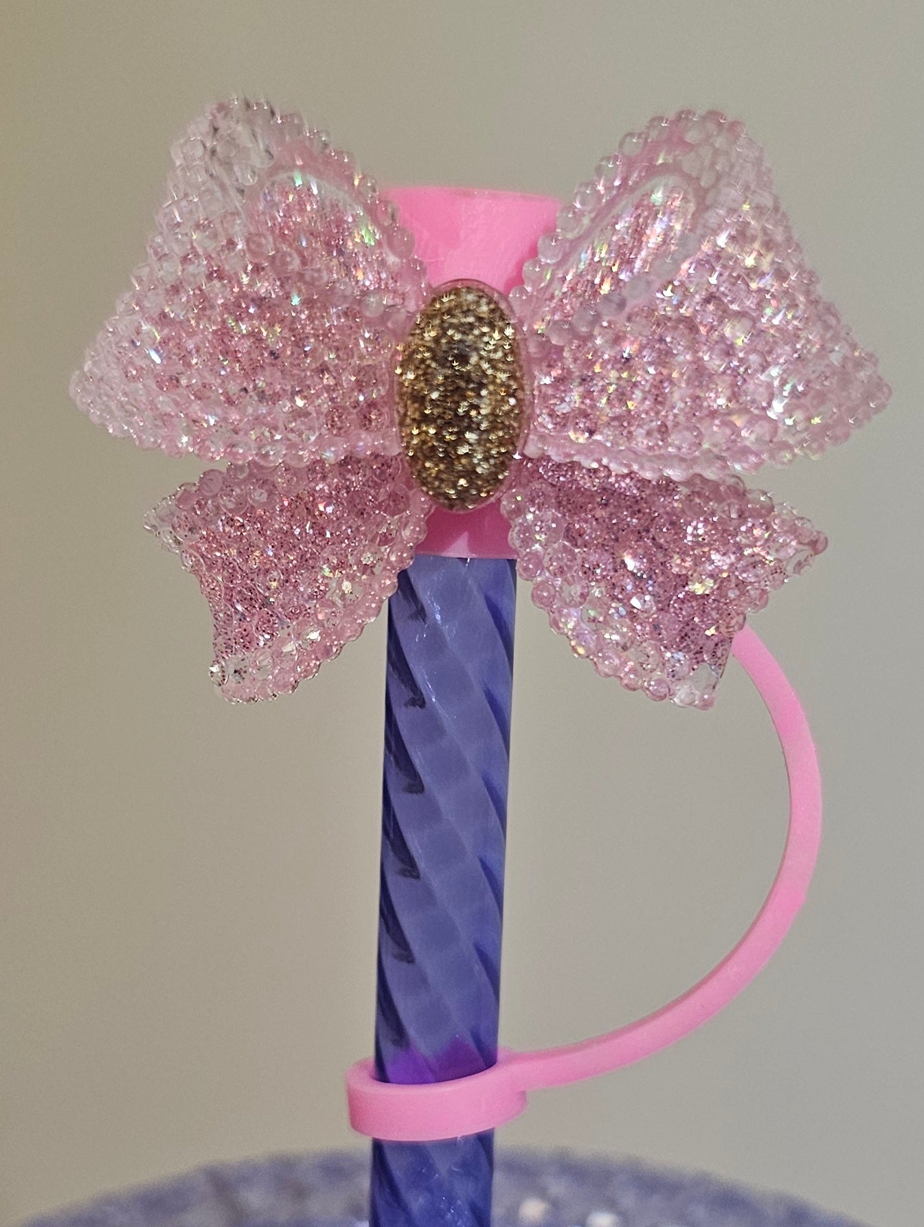 Barbie Pink and Gold Ribbon Bow Silicone Straw Topper  - Straw Cover  - 8mm