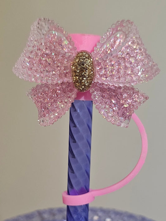 Barbie Pink and Gold Ribbon Bow Silicone Straw Topper  - Straw Cover  - 8mm