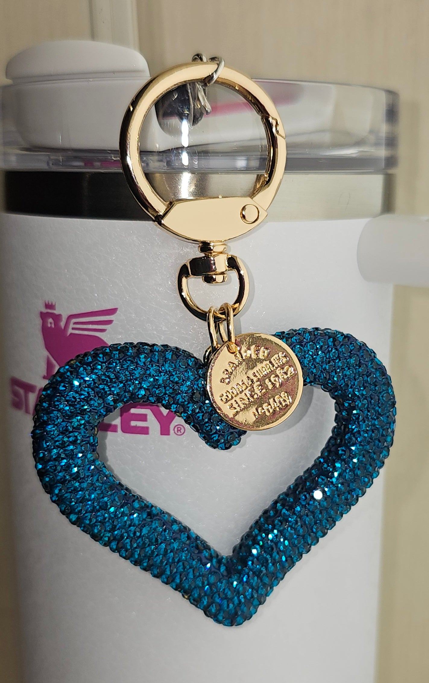 Tiffany Blue Glitter Heart Charm. Use to decorate tumbler straw, purse, bag, keychain, or backpack. 