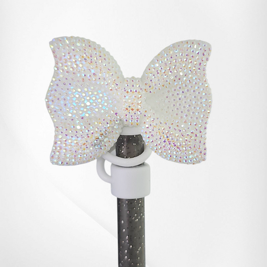 White Glitter Ribbon Bow Silicone Straw Topper  - Straw Cover