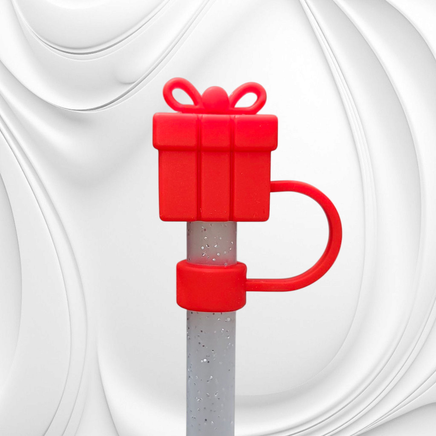 Red Christmas Present 3D Silicone Straw Topper. 