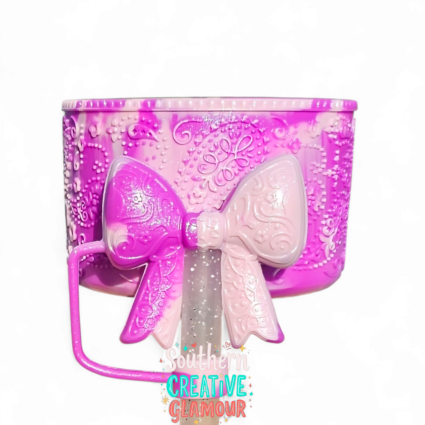 Purple Swirl Shimmer Silicone Tumbler Boot with 3D Textured Floral and Paisley Design and 3D Bow Straw Topper by Southern Creative Glamour. 