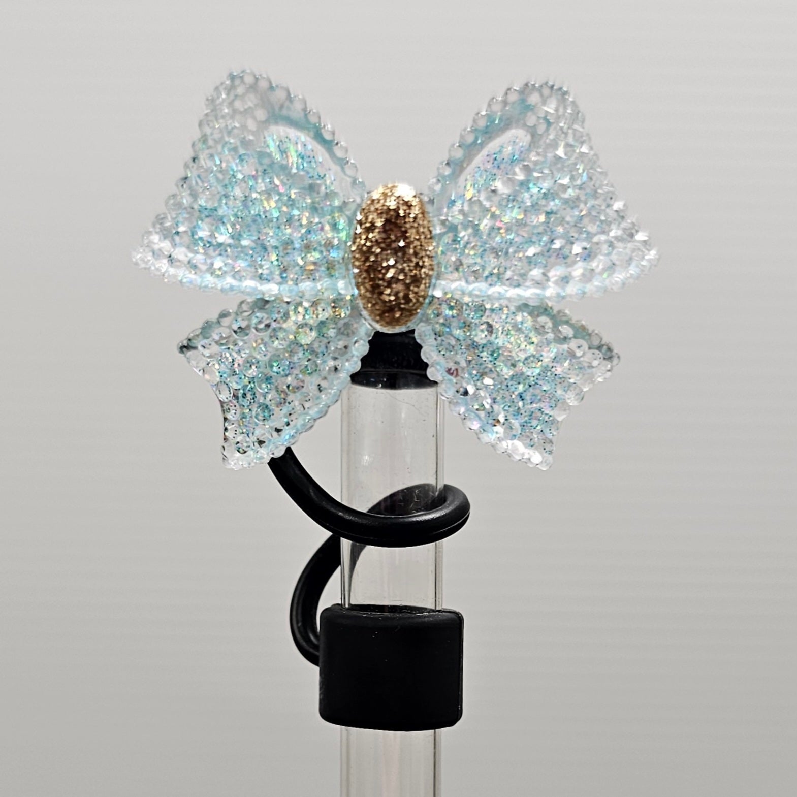 Luxury Glitter Tiffany Teal Blue and Gold Ribbon Bow with black Silicone straw topper base. Straw Cover  - Straw Cap 