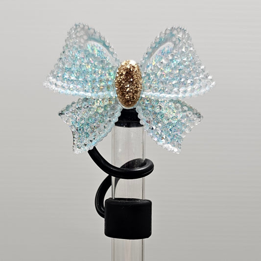 Luxury Glitter Tiffany Teal Blue and Gold Ribbon Bow with black Silicone straw topper base. Straw Cover  - Straw Cap 