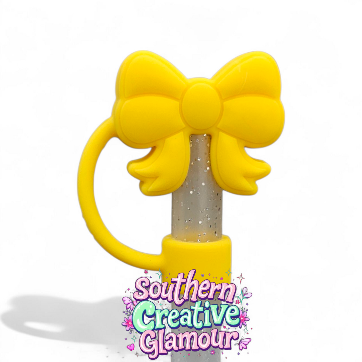 Yellow Girly Coquette 3D Ribbon Bow Silicone 10mm Straw Toppers by Southern Creative Glamour 