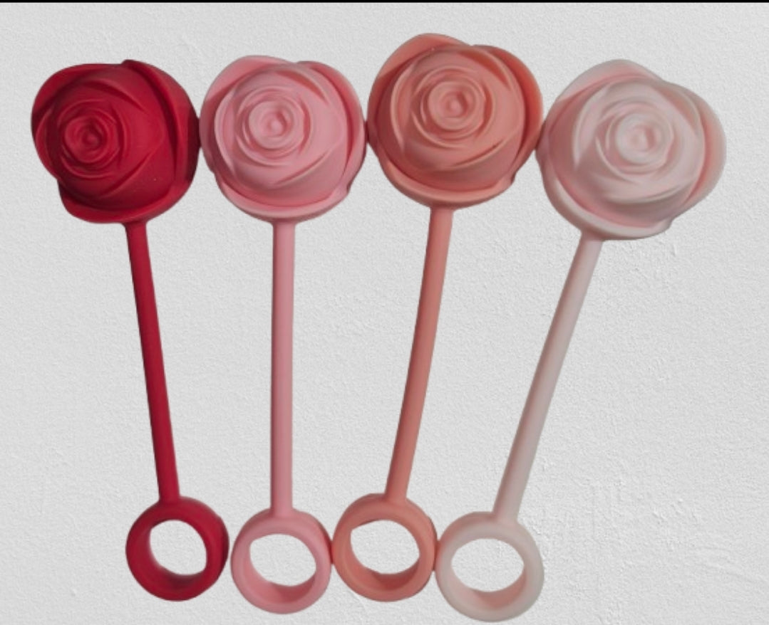 Shades of pink Rose Bouquet 3D Silicone Straw Toppers  - Straw Covers  - Set of 4