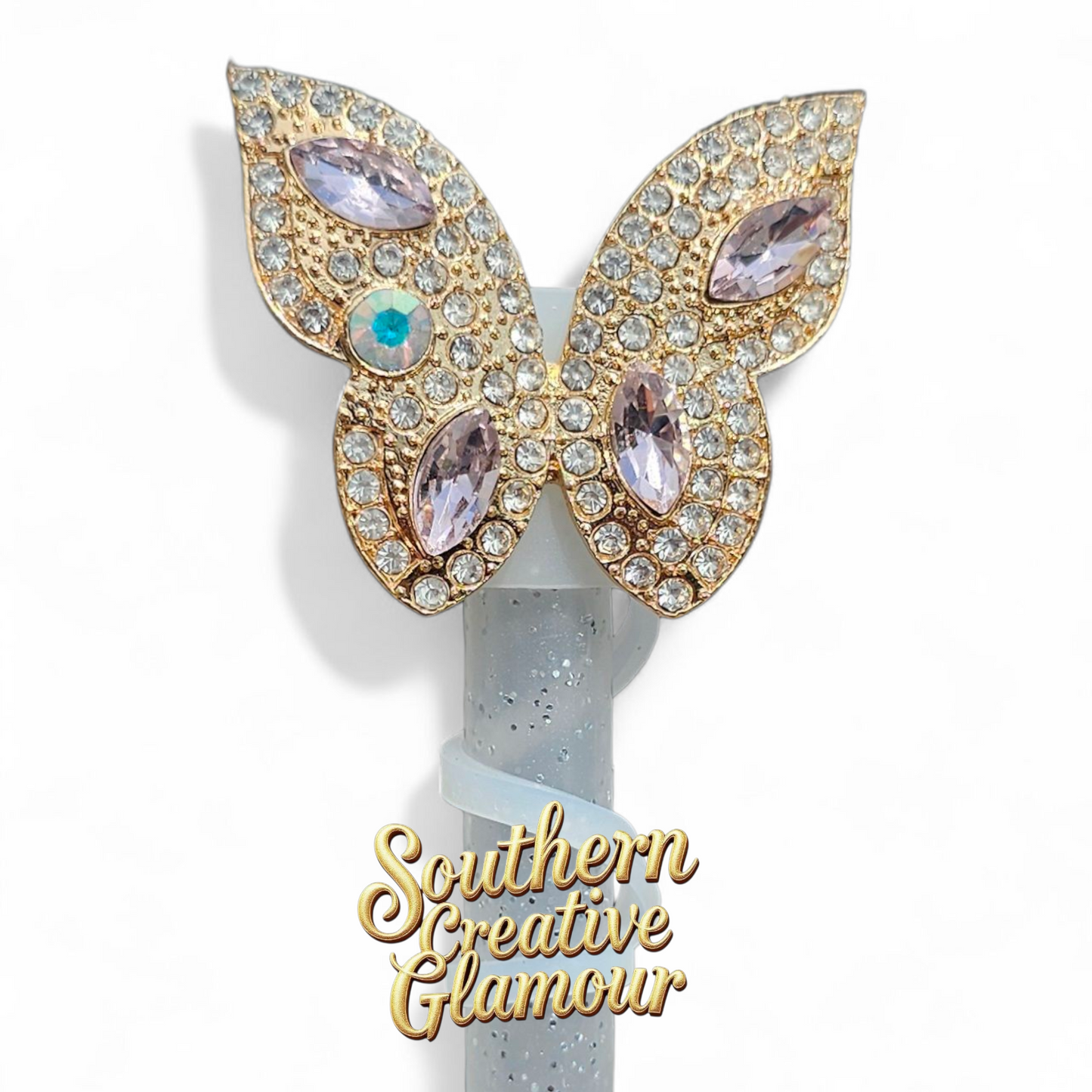 Gold and Pink Diamond Butterfly Silicone 10mm Straw Toppers by Southern Creative Glamour 