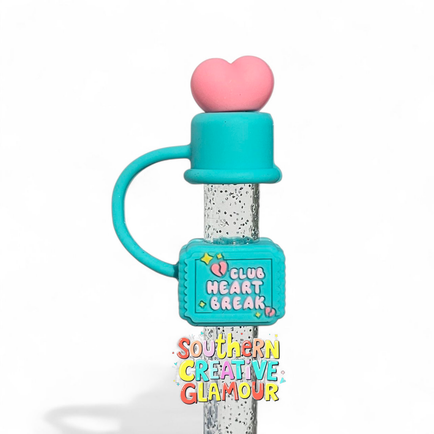 Aqua and pink Club Heart Break Silicone 10mm Straw Toppers by Southern Creative Glamour 