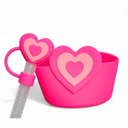 Pink Heart Silicone Tumbler Boot & Straw Topper