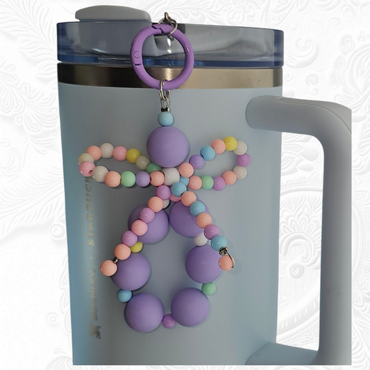 Jump purple beaded charm pendant with multicolor pastel beaded ribbon bow tumbler charm. 