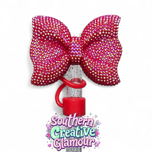 Rose Red Glitter Bow Silicone 10mm Straw Topper | Straw Cover by Southern Creative Glamour 