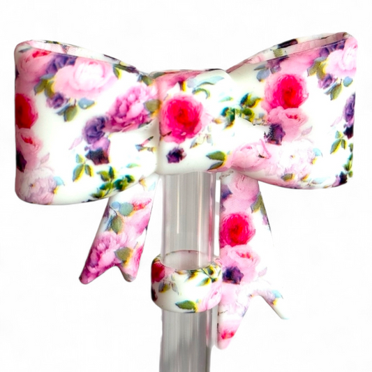 Rosy Floral 3D Bow Silicone Straw Topper | Fits 10mm Straws