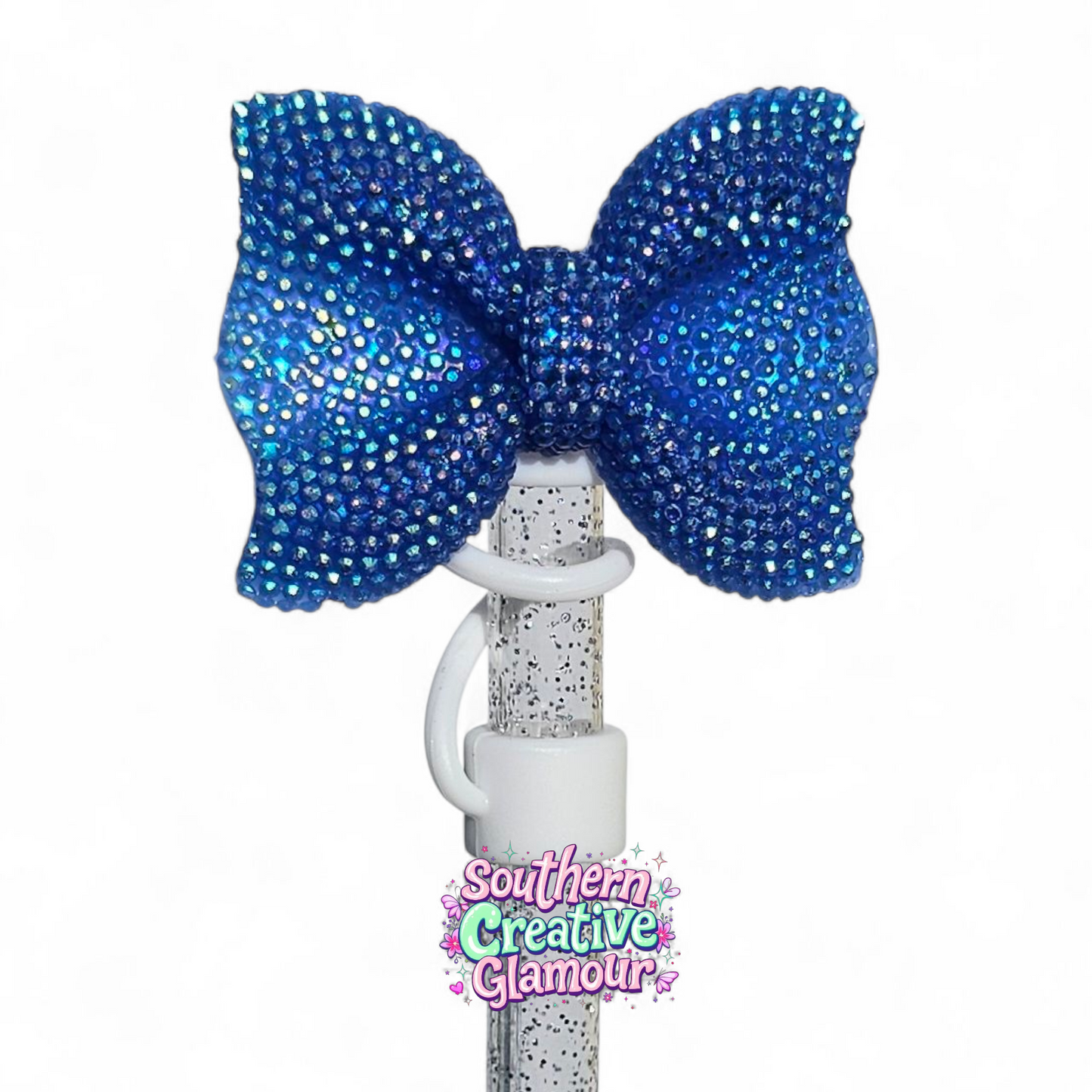 Blue Glitter Bow Silicone 10mm Straw Topper | Straw Cover by Southern Creative Glamour 