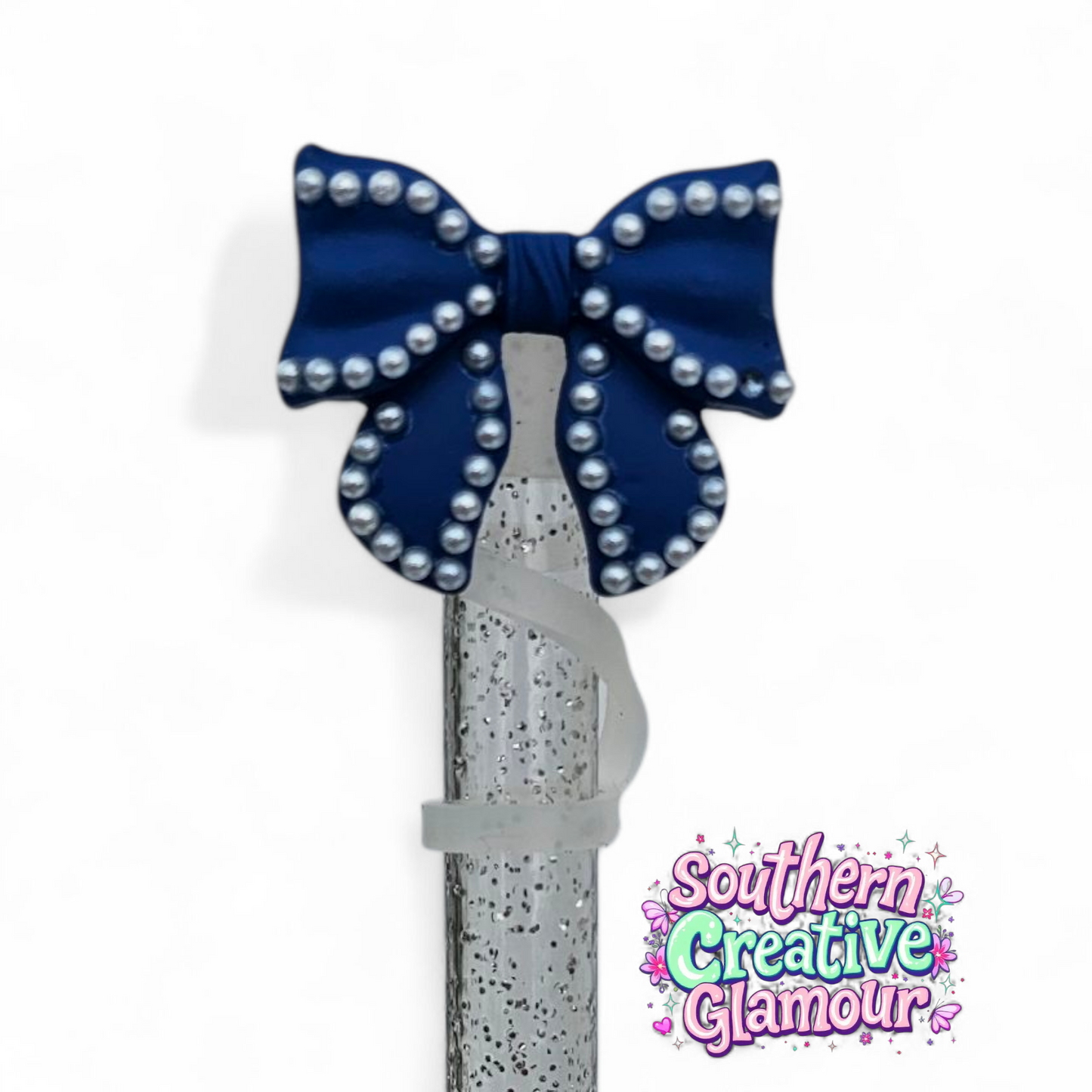 Royal Blue Beaded Pearl Bow Straw Toppers by Southern Creative Glamour 