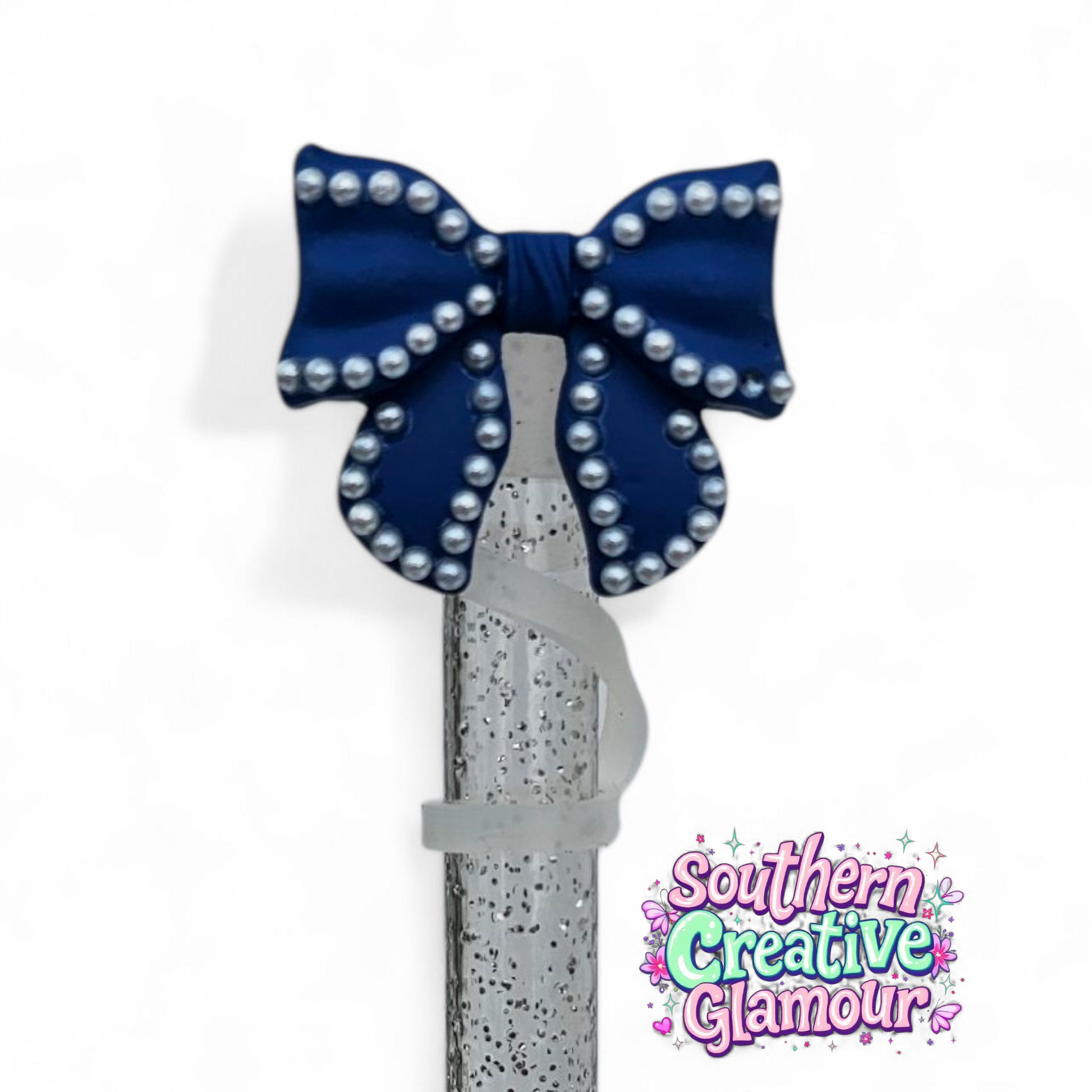Royal Blue Beaded Pearl Bow Straw Toppers by Southern Creative Glamour 
