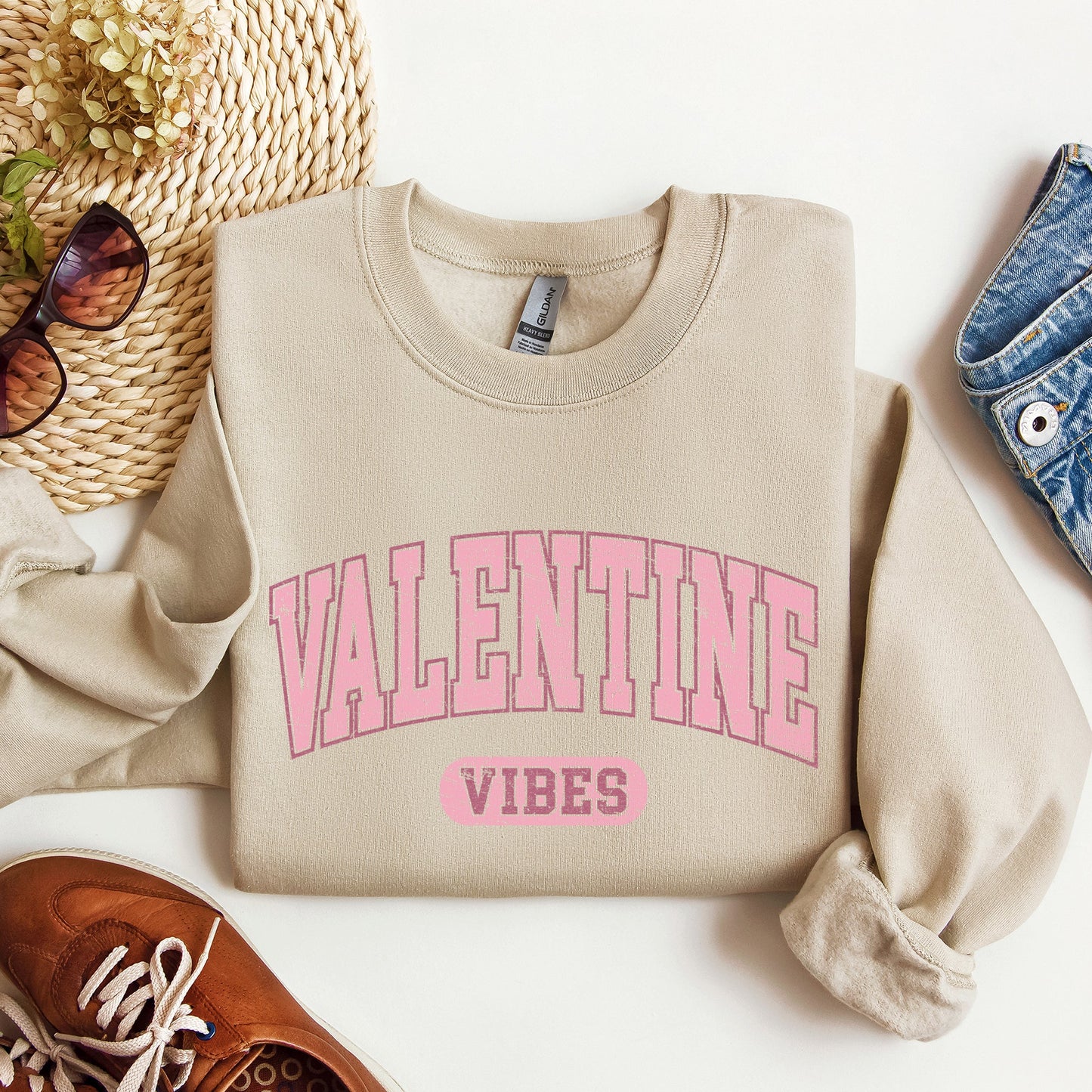 Sand Valentine Vibes College Style Sweatshirt – Cute Valentine Crewneck
