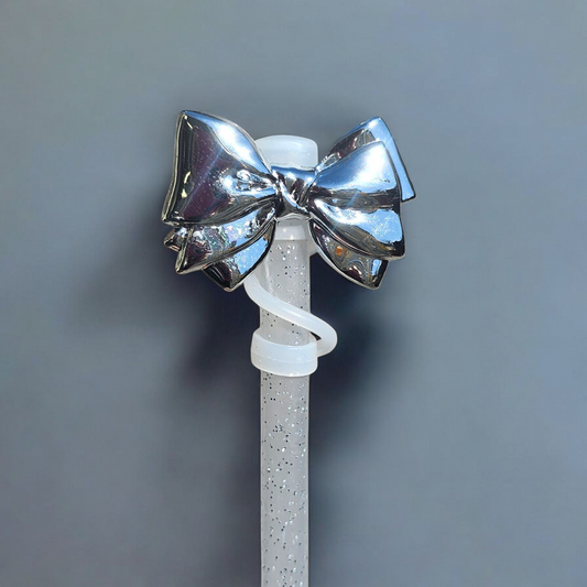 Shiny silver bow tie and clear Silicone Straw Topper base - Straw Topper - Straw Cover 