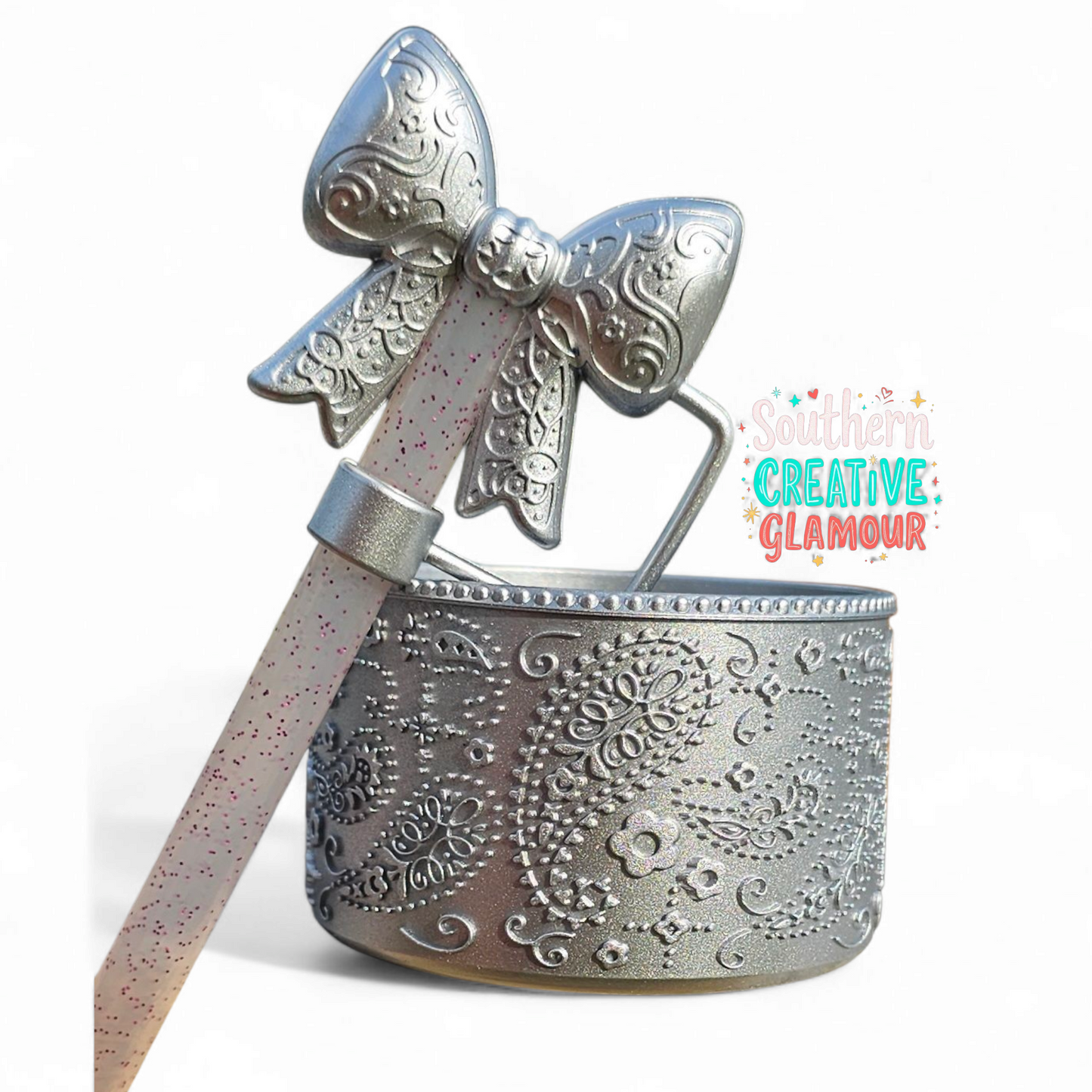 Silver Shimmer Paisley Textured 3D Silicone Tumbler Boot and Matching Bow Silicone 10mm Straw Topper by Southern Creative Glamour 