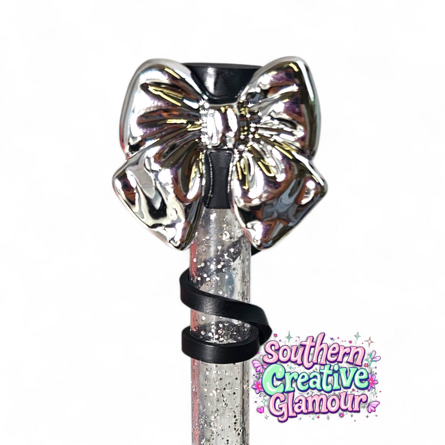 Silver coquette bow with black silicone 10mm straw toppers by Southern Creative Glamour 