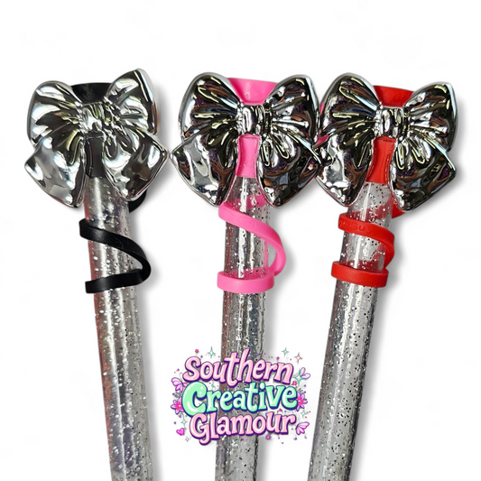 Silver Chrome Coquette Ribbon Bow 10mm Straw Toppers by Southern Creative Glamour 