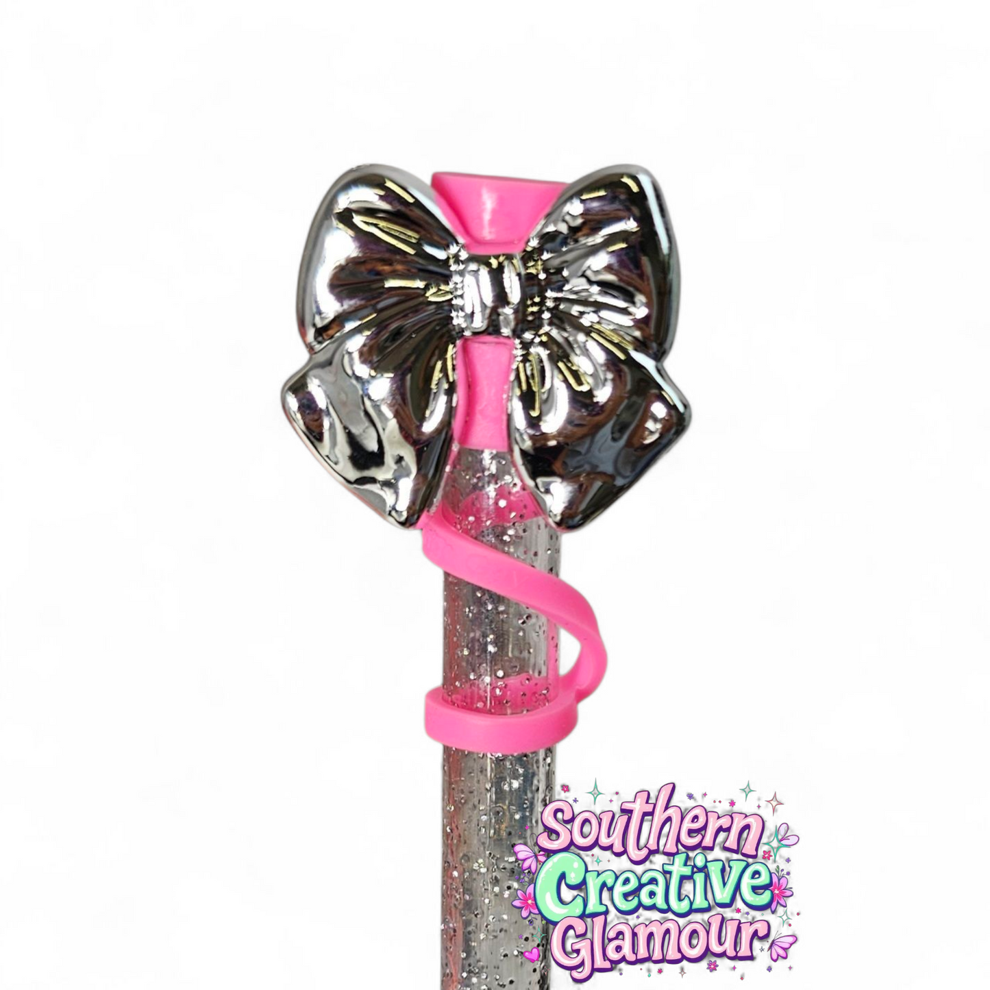 Silver coquette bow with hot pink silicone 10mm straw toppers by Southern Creative Glamour 
