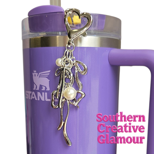 Silver Coquette Bow Tumbler Charm with Pearl by Southern Creative Glamour 