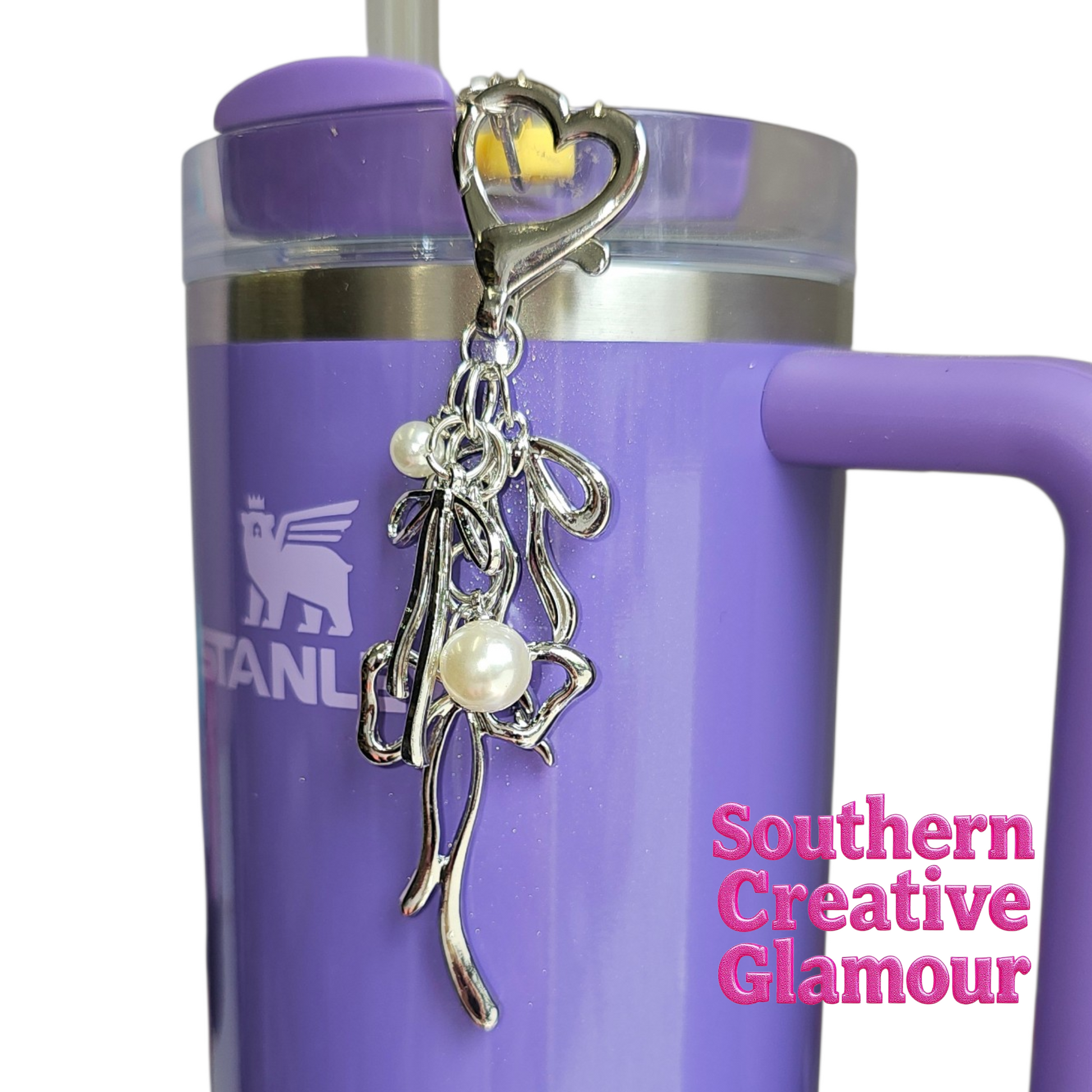 Silver Coquette Bow Tumbler Charm with Pearl by Southern Creative Glamour 