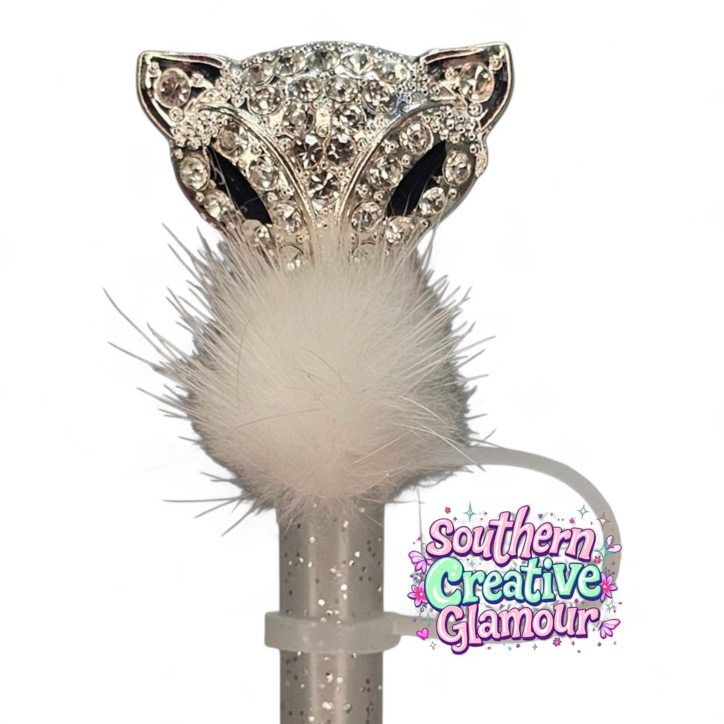 Silver and white diamond fox straw topper | straw cover by Southern Creative Glamour 