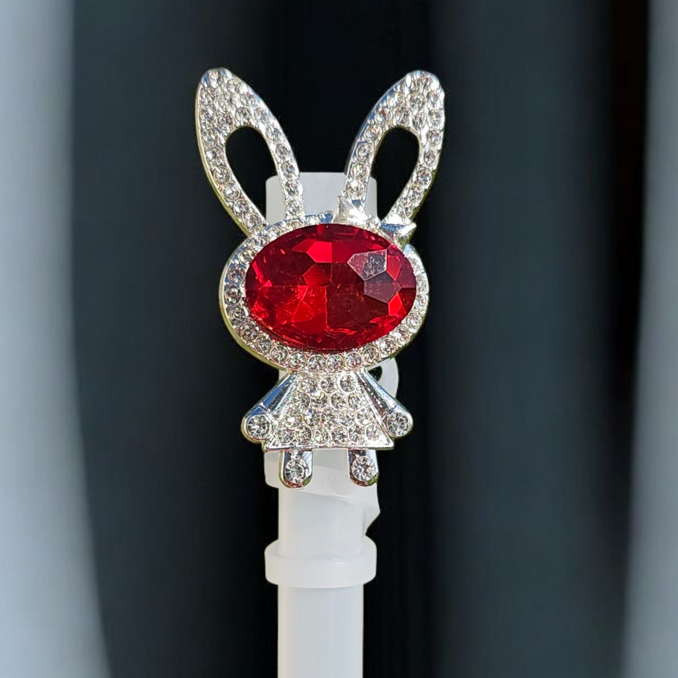 Deluxe silver Diamond and red Jewel metal bunny Silicone Straw Topper  - Straw Cover by Southern Creative Glamour 
