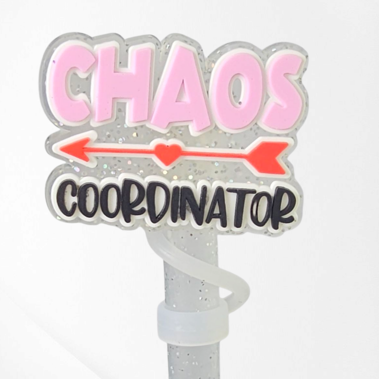 Silver Glitter Chaos Coordinator Silicone Straw Topper 