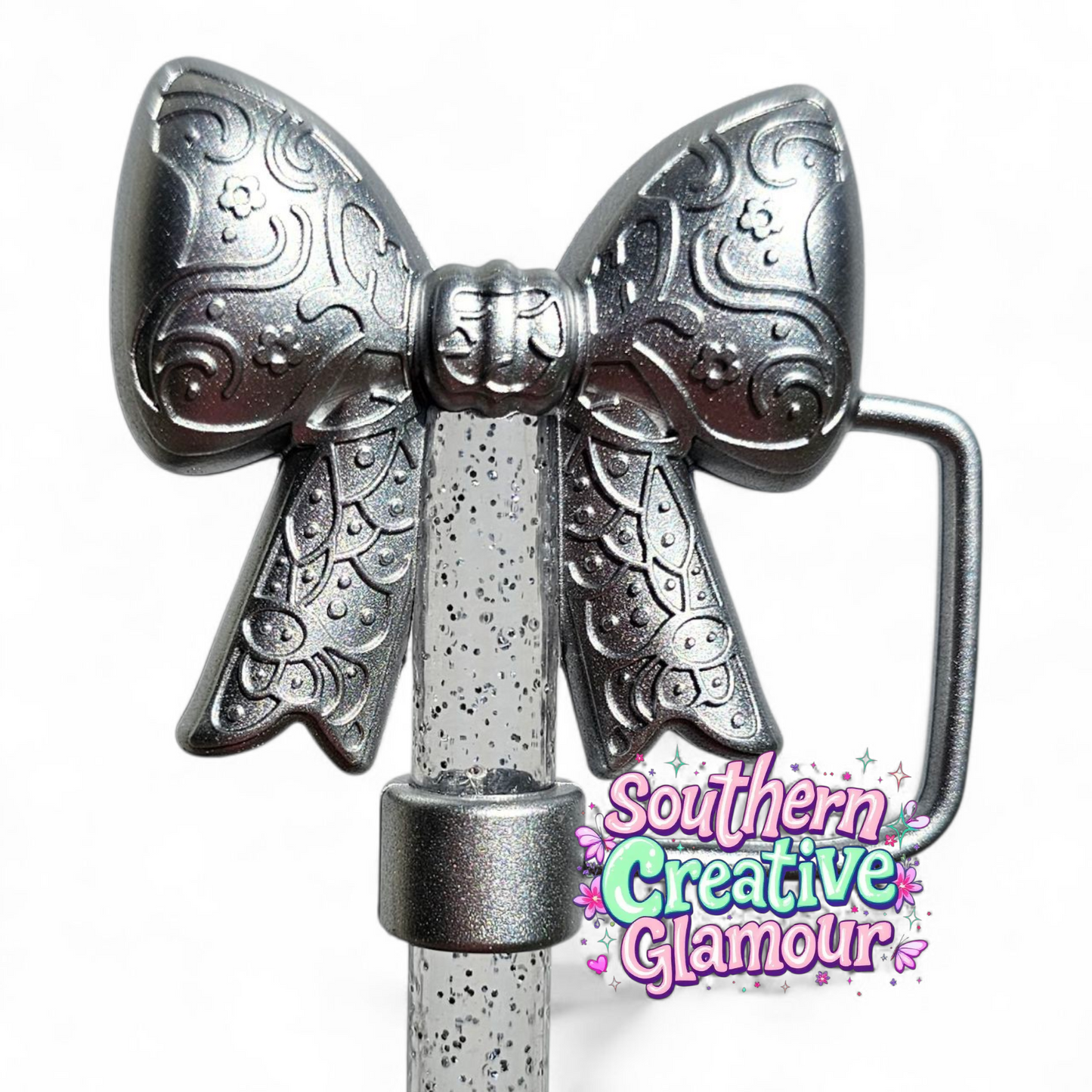 Metallic Silver Shimmer Paisley 3D Bow Silicone 10mm Straw Topper | Straw Cover by Southern Creative Glamour 